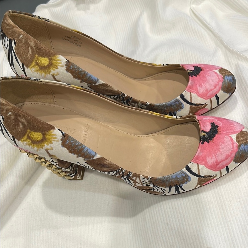 J. Crew Pink and Brown Heels with Bold Floral Accents